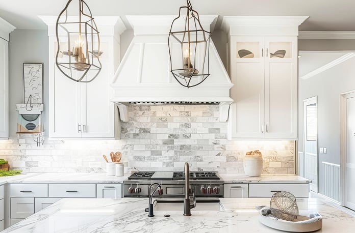 Range hood over a cooktop with tile backsplash and pendant lighting